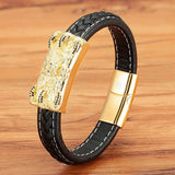 Vintage Chinese Dragon Totem Leather Bracelet Stainless Steel Clasp Mens Bangles