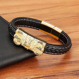 Vintage Chinese Dragon Totem Leather Bracelet Stainless Steel Clasp Mens Bangles