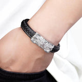 Vintage Chinese Dragon Totem Leather Bracelet Stainless Steel Clasp Mens Bangles