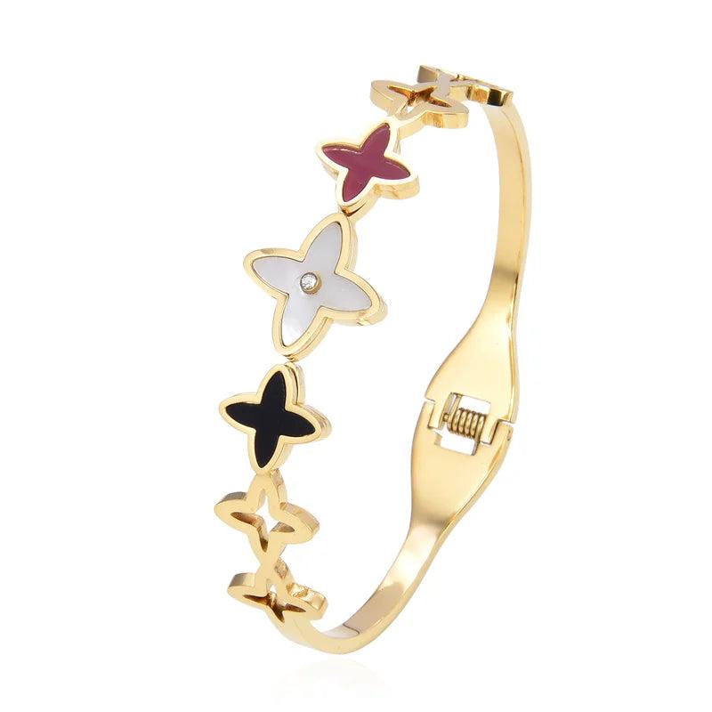 Flower Plated Women Girls Cuff Bangle Stainless Steel Wedding Gift