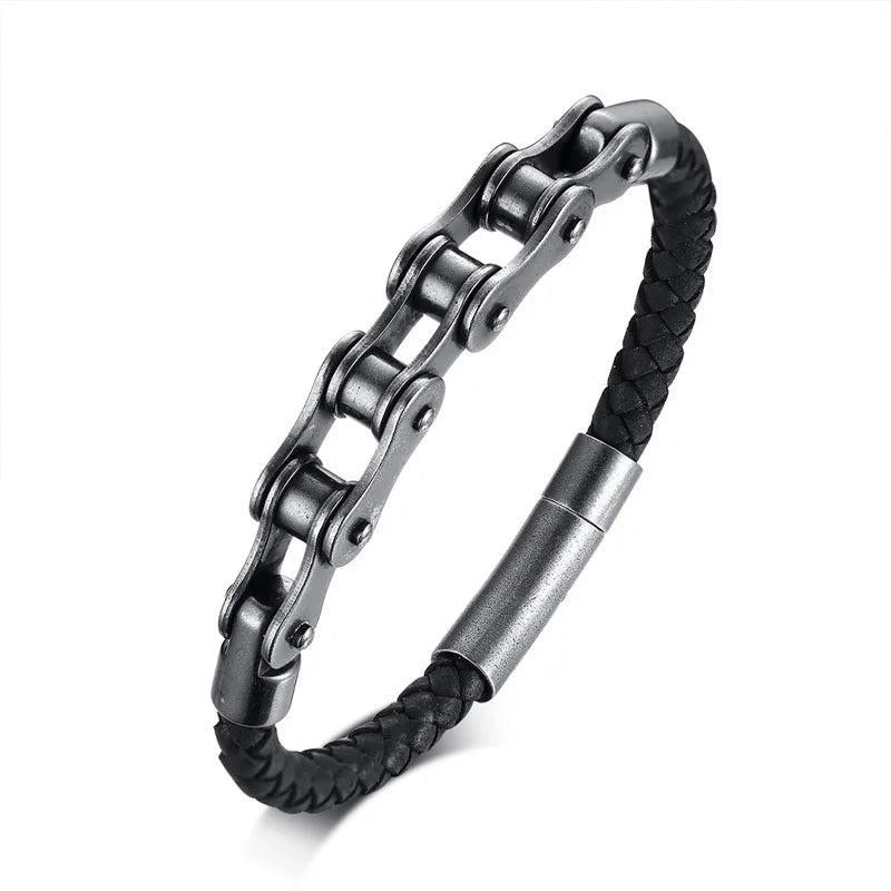 Mingao Man Bracelet Stainless Steel Bicycle Chain Leather Bracelet