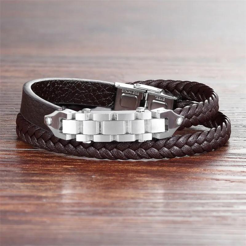 Men's Stainless Steel Leather Bracelet Brown Rope Chain Gift