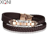 Men's Stainless Steel Leather Bracelet Brown Rope Chain Gift