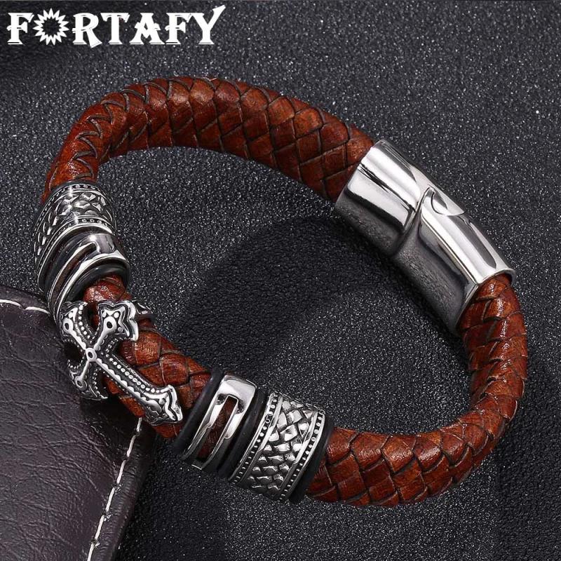 Vintage Men Brown Leather Cross Bracelet Stainless Steel