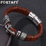 Vintage Men Brown Leather Cross Bracelet Stainless Steel