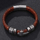 Vintage Men Brown Leather Cross Bracelet Stainless Steel