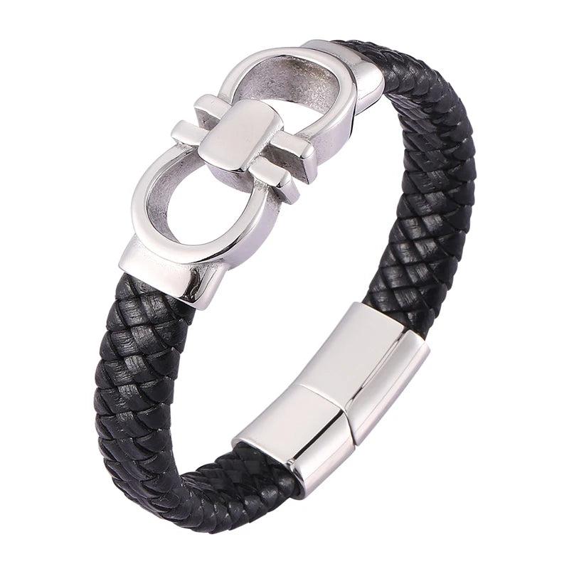 Punk Stainless Steel Bowknot Leather Bracelet Men Magnetic Buckle Bracelet