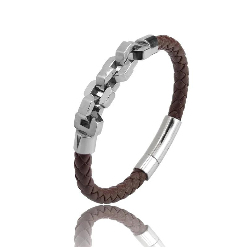 Stainless Steel Leather Bracelet with Magnetic Clasp