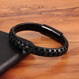 Mens Leather Bracelet with Stainless Steel Chain