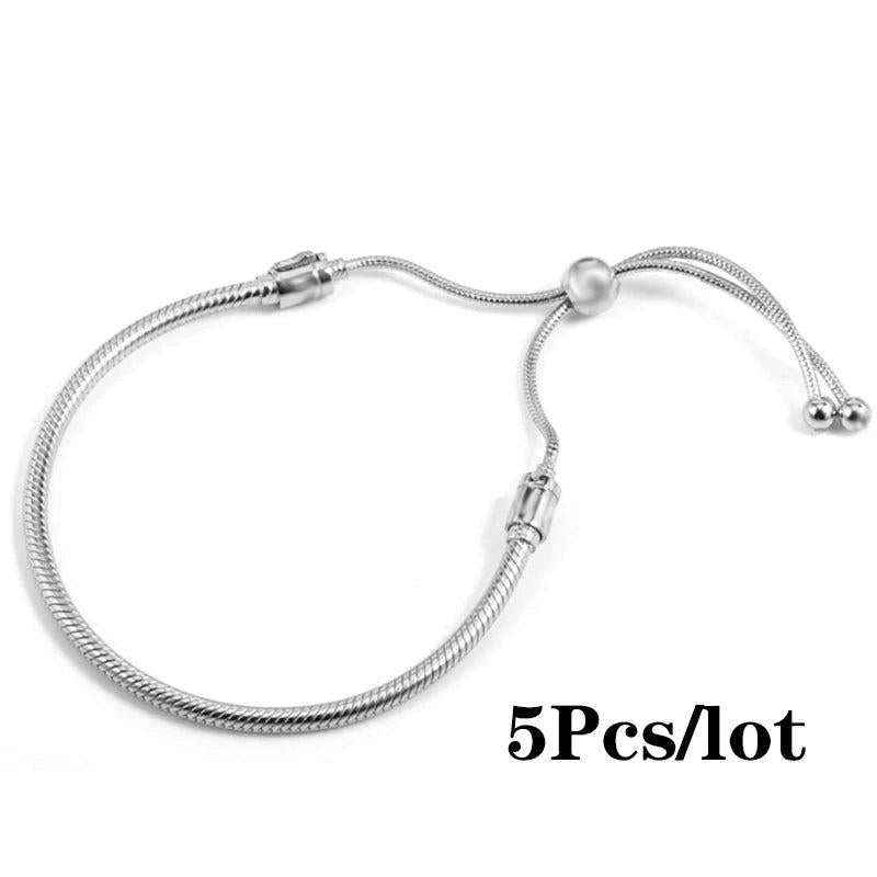 5Pcs Silver Plated Adjustable Charm Bracelets for Women