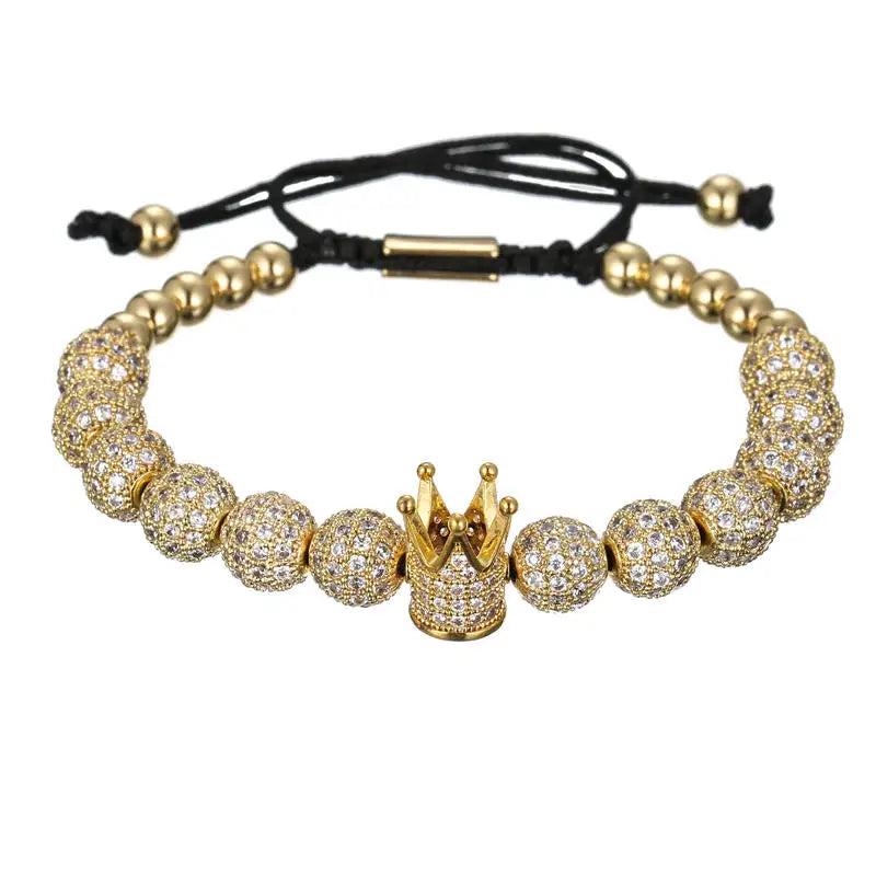 3Pcs/Sets Braiding Bracelet Sets Hip Hop Men Pave CZ Zircon Crown Charm Bracelet