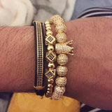 3Pcs/Sets Braiding Bracelet Sets Hip Hop Men Pave CZ Zircon Crown Charm Bracelet