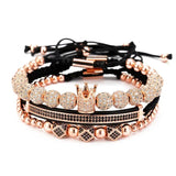 3Pcs/Sets Braiding Bracelet Sets Hip Hop Men Pave CZ Zircon Crown Charm Bracelet