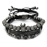 3Pcs/Sets Braiding Bracelet Sets Hip Hop Men Pave CZ Zircon Crown Charm Bracelet