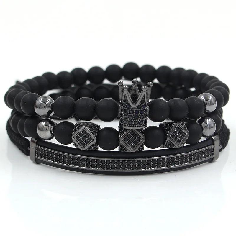 3pcs/Set CZ Crown Bracelet Natural Stone Beads Women Men Jewelry