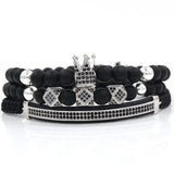 3pcs/Set CZ Crown Bracelet Natural Stone Beads Women Men Jewelry