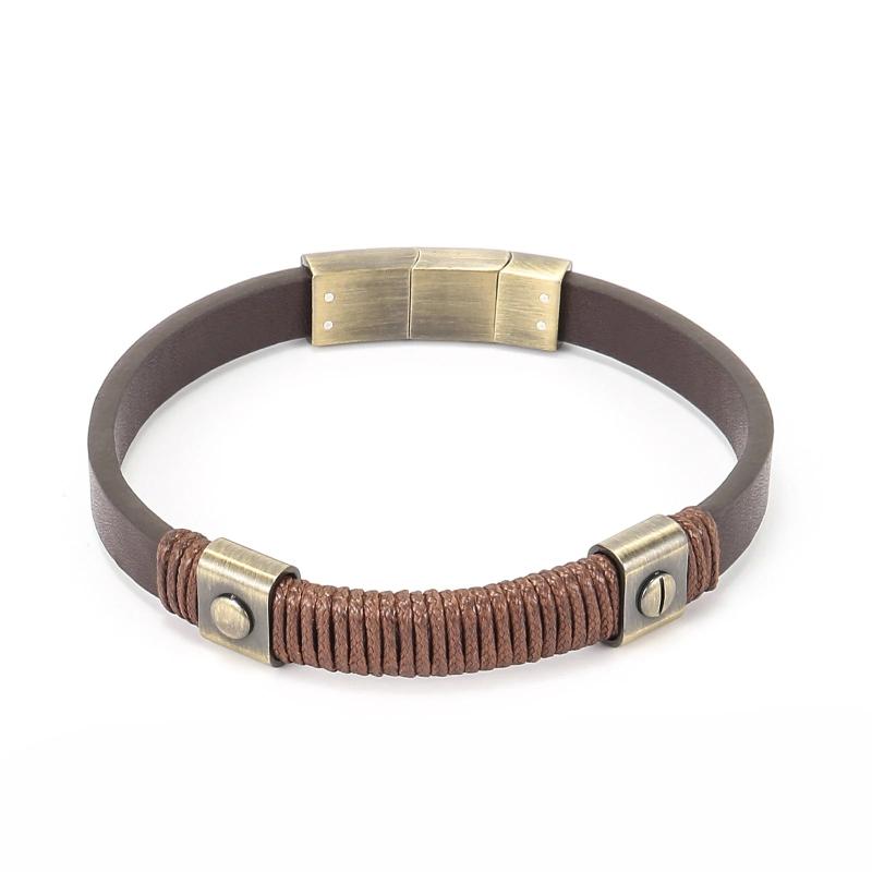 Vintage Stainless Steel Bracelet Brown Leather Wristband