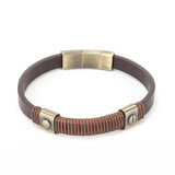 Vintage Stainless Steel Bracelet Brown Leather Wristband