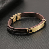 Vintage Stainless Steel Bracelet Brown Leather Wristband