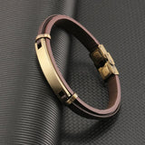 Vintage Stainless Steel Bracelet Brown Leather Wristband