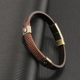 Vintage Stainless Steel Bracelet Brown Leather Wristband