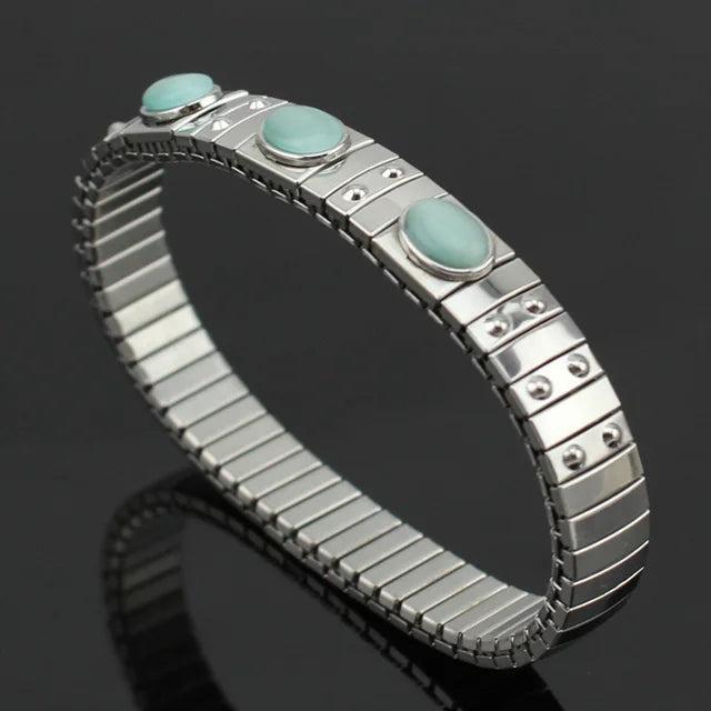 9mm Wide Stainless Steel Opal Bracelet, 17.4cm Elastic, Wife Gift