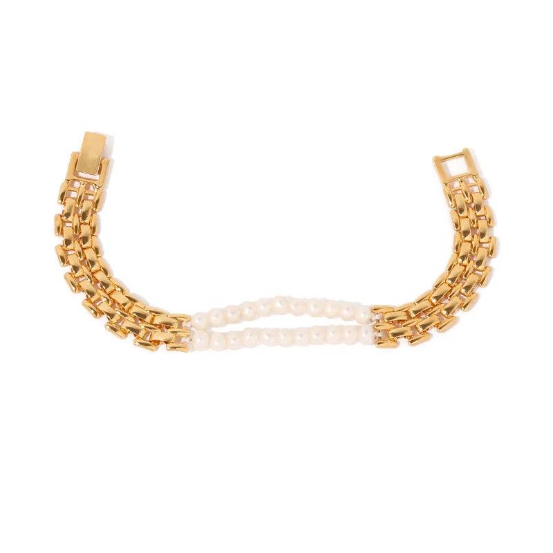 Peri'sbox Mix 2 Layered Freshwater Pearl Bracelet Wide Watch Strap Chain