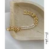 Peri'sbox Mix 2 Layered Freshwater Pearl Bracelet Wide Watch Strap Chain