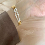 Peri'sbox Mix 2 Layered Freshwater Pearl Bracelet Wide Watch Strap Chain