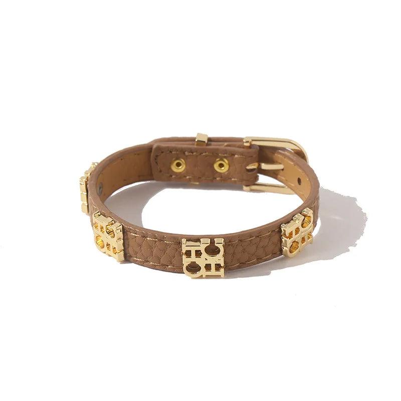Stainless Steel Buckle PU Leather Bracelet Bangle Brown Green