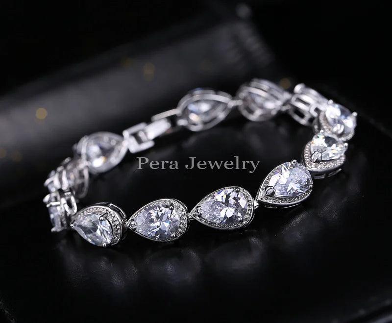 Pera Water Drop CZ Crystal Chain Link Bracelet Bridesmaid