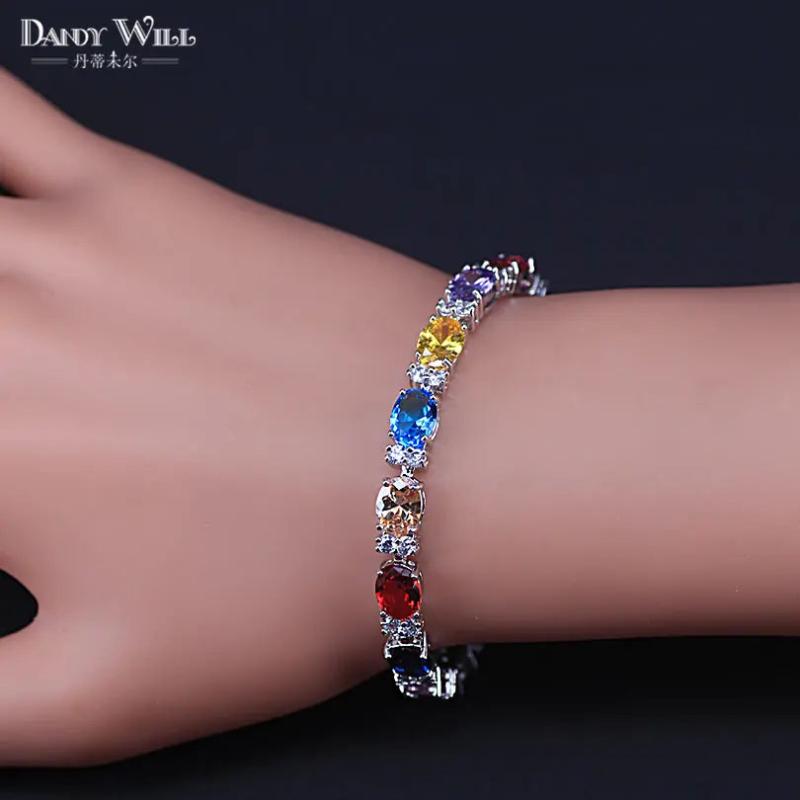 Colorful Silver Zirconia Women Bracelet with Rose Red Green Stone