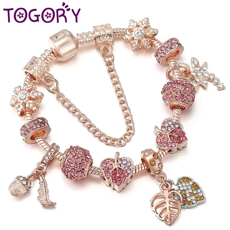 European Style Leaves & Butterfly Pendant Charm Bracelet