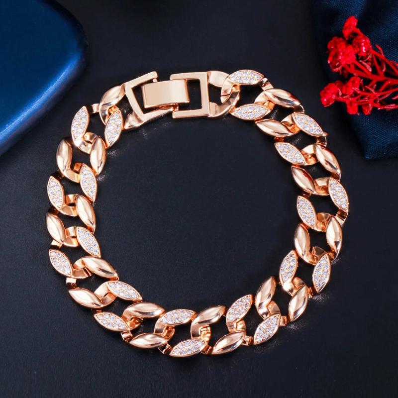 Pera Noble Bridal Bangle Bracelet 585 CZ Wide Circle Link Chain Wedding Jewelry