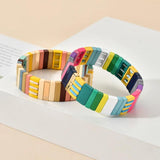 Boho Enamel Rainbow Charm Tile Bracelet Women Bangles