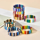 Boho Enamel Rainbow Charm Tile Bracelet Women Bangles