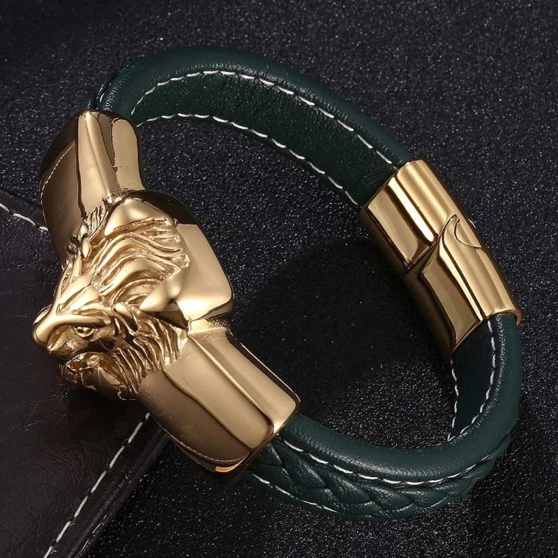 Green Leather Bracelet Lion Head Biker Chain Male Jewelry FR0818