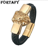 Green Leather Bracelet Lion Head Biker Chain Male Jewelry FR0818