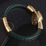 Green Leather Bracelet Lion Head Biker Chain Male Jewelry FR0818