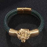 Green Leather Bracelet Lion Head Biker Chain Male Jewelry FR0818
