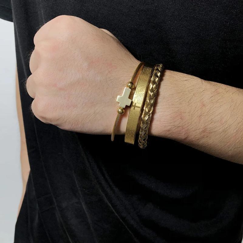 Men's Stainless Steel Cross Bracelet Set Spanish Scripture Charm Bangle 3pcs