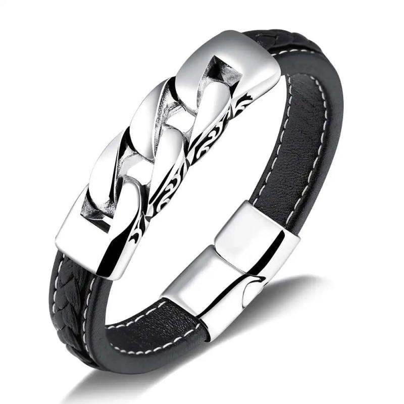 Men's Stainless Steel Chain Bracelet 215mm Wristband Leather Bracelet