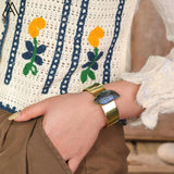 Women Natural Stone Beads Open Cuff Wristband Bracelet