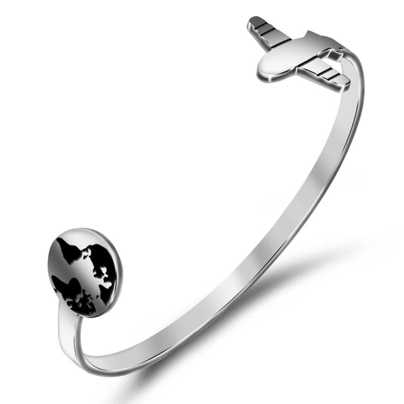 Stainless Steel Open Cuff Bangle Map Airplane Bracelet