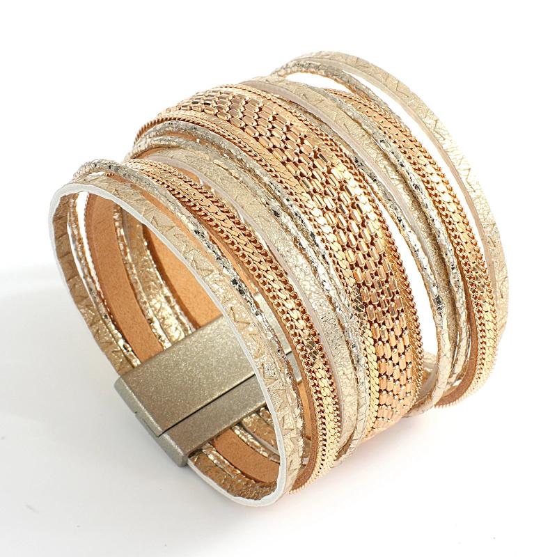 Chain Leather Bracelet Charm Metal Beaded Multilayer Wrap Bangle