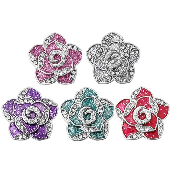 10PCS Rhinestone Flower Snap Jewelry Antique Silver Buttons 18mm