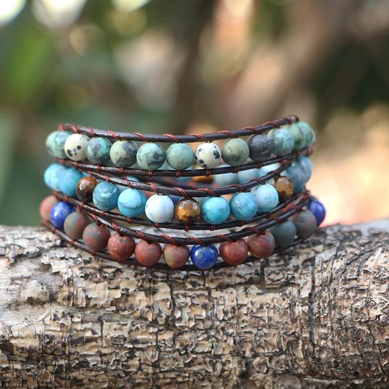 Boho Beads Leather Wrap Bracelets Natural Stone 3 Wraps