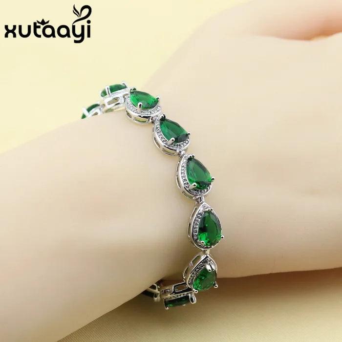 Water Drop Green Emerald Link Chain Bracelet 18+2cm Box