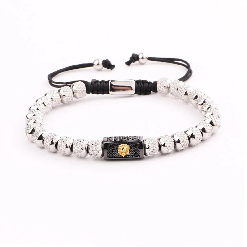 Stainless Steel CZ Lion Macrame Bracelet Men