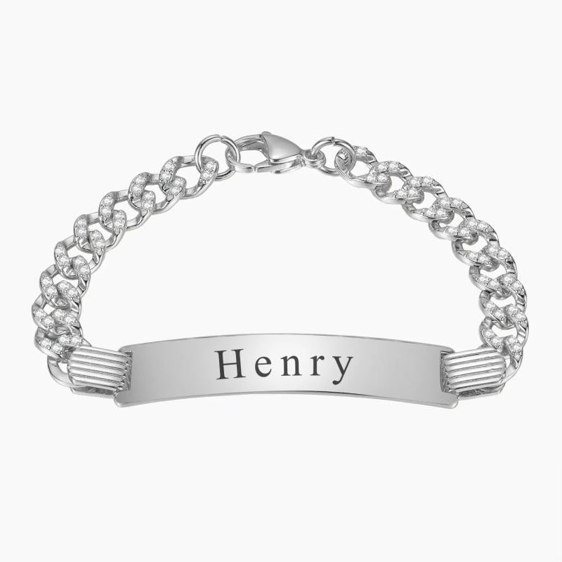 Engraving Name Charm Bracelet Stainless Steel Diamond Thick Hand Chain